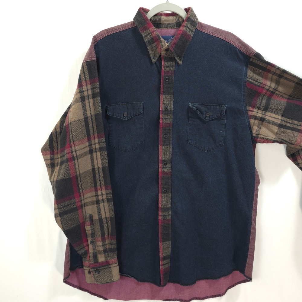 Vtg Wrangler X-Long Tails Shirt Denim Plaid Flanned Mix Media Men 17.5 36 XL 90s